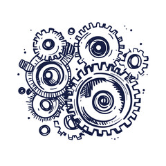 Hand Drawn Sketch Style Interlocking Gear Wheels Mechanism Illustration Symbolizing Technology Engineering and Teamwork Concept in Vector Format
