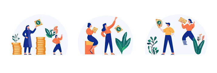 People investing money in stacks of coins and engaging with financial documents and cash in flat minimalist vector illustration set representing personal finance growth