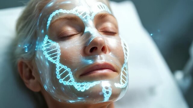 Futuristic DNA Facial Treatment Technology with Glowing Helix Pattern