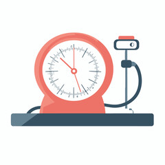 Flat minimalist vector illustration of mechanical blood pressure gauge and pump cuff for medical health monitoring equipment concept with red and gray color scheme on white background
