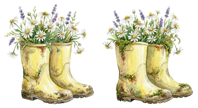 Watercolor illustration, pair of worn pastel yellow gardening rain boots used as a flower pot, overflowing with wild daisies and lavender, rustic spring concept, isolated on white background