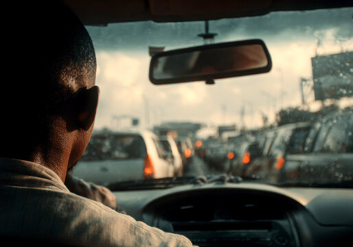 african guy in the driver seat of the car looking through the front windshield at the traffic jam ahead
