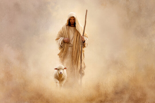 Shepherd Jesus Christ Taking Care of One Missing Lamb Watercolor Illustration.