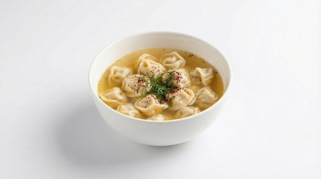 A bowl of dushbara garnished with herbs and spices on a white background.