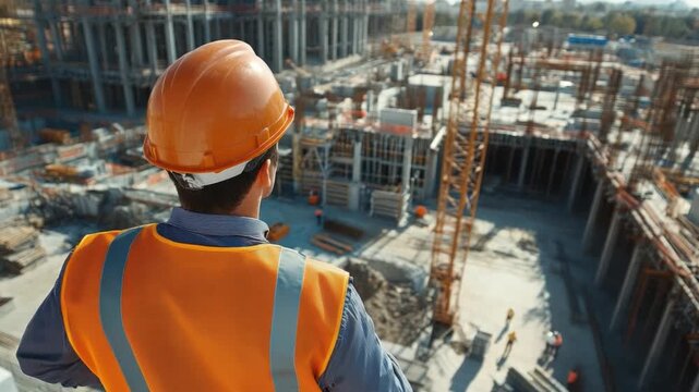 Construction Site: A construction worker, wearing a hard hat and safety vest, gazes with intent at the bustling construction site, embodying dedication and oversight.