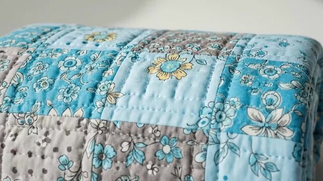 Close-up of quilted floral fabric pattern showcasing detailed stitching and pastel color palette