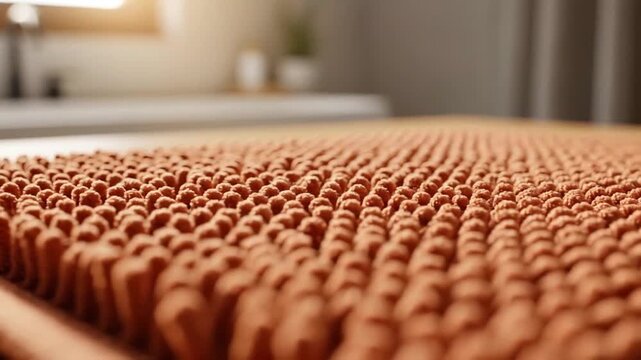 Close-up of a textured rubber mat with a grid pattern on a modern wooden table in a cozy home kitchen