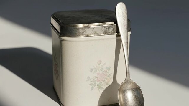 Vintage sugar box with a spoon and shadows creating a nostalgic kitchen scene