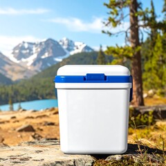 Obraz premium White cooler outdoors against a scenic mountain lake background