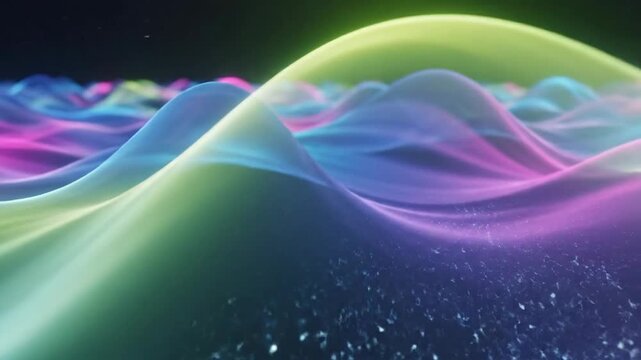 Colorful, fluid waves undulate across a dark horizon, shimmering with iridescent hues and subtle sparkling textures