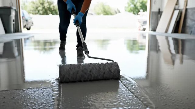 Person painting garage floor with a paint roller, wearing gloves and jeans