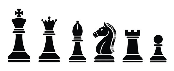 Chess Vector Icons, black silhouette collection featuring classic chess pieces including king, queen, pawn, knight, and rook, designed for strategy, game concepts, education, and professional vector © WelcomeJune