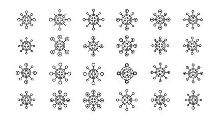 A detailed collection of virus and bacteria icons designed in a clean outline style, representing microbiology, healthcare awareness, and infectious disease concepts. The minimal line art format makes