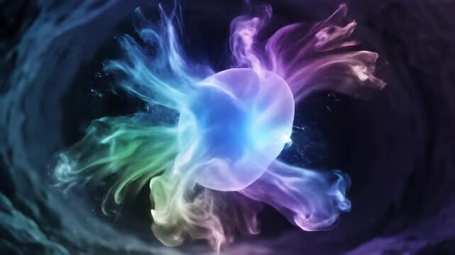 Iridescent, amorphous blob hovers against a textured, dark, ethereal backdrop