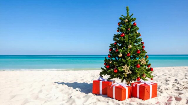 Tropical Christmas tree with red gifts on a sandy beach by turquoise ocean water