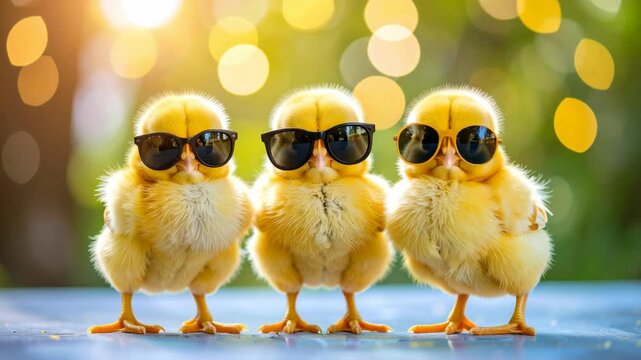 Three adorable fluffy chicks wearing sunglasses outdoors on a sunny day