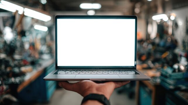Hand holding repaired laptop, white screen busy workshop background with blurred machinery, tools on workbench, technician presenting fixed computer for quality check, warm fluorescent lighting,