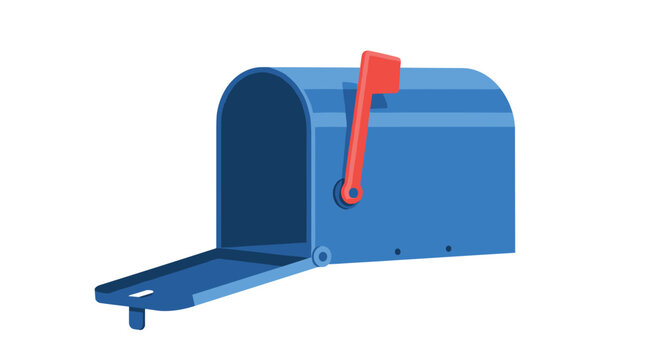 Traditional blue mailbox with its door open and red flag raised, ready to receive or send important correspondence.