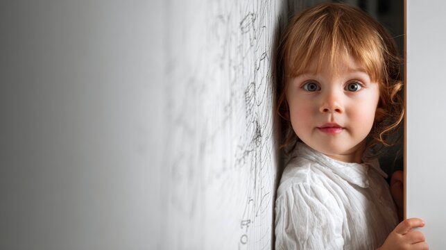 Toddler drawing on wall, peeking shyly. Small artist at home with soft natural light, crayon scribbles across plaster, curious gaze and gentle smile, cozy sweater, background with copy space for text