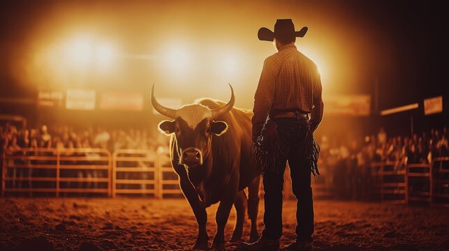 Cowboy and bull face-off in dramatic rodeo arena at night
