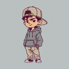 Cool chibi boy in streetwear hoodie and snapback hat illustration