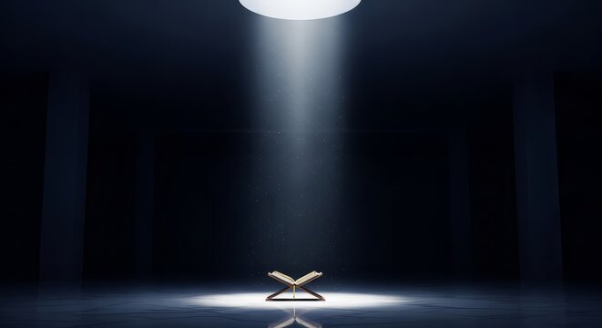 Cinematic Laylatul Qadr scene with dark mosque interior, ethereal white god ray illuminating Quran on marble floor, subtle arches, deep midnight blues, spiritual minimalism