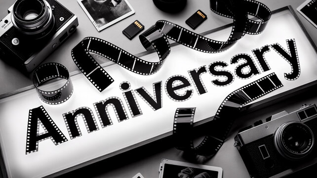 bespoke anniversary typography with film strip and vintage camera for professional cinematography studio milestone and media production agency branding