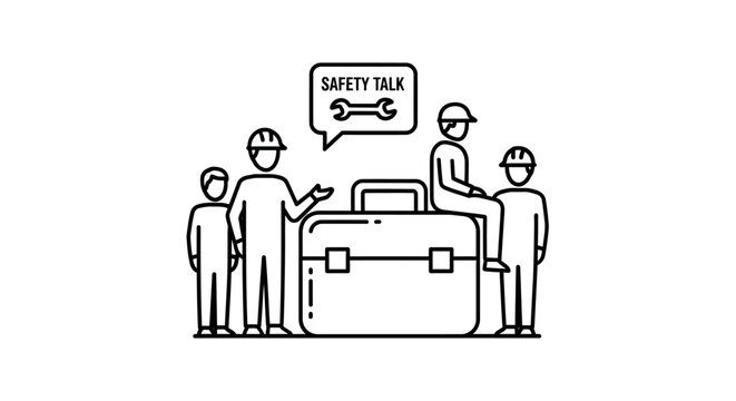 Workplace safety meeting illustration showing construction workers gathered around equipment discussing safety procedures and compliance guidelines. This clean line design represents industrial safety