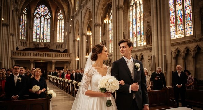 Happy couple walking down aisle during church wedding