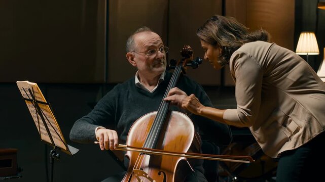 Mature adult man taking private music lessons to learn the cello. Concept of life-long learning, pursuing passion in late adulthood, and the discipline required to master a new instrument at any age.