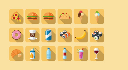 Variety of food and drink illustrations displayed in a grid pattern on a flat surface