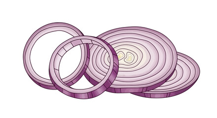 Sliced red onions arranged in a layered pattern on a transparent background, viewed from a top-down perspective, showcasing concentric rings and texture