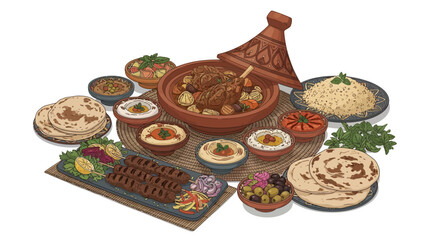 Traditional Middle Eastern feast with roasted meat, flatbread, and various dishes arranged on a wooden table, viewed from above.
