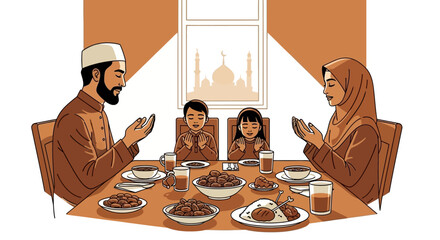 Family gathered around dinner table praying together in a serene home environment viewed from the side