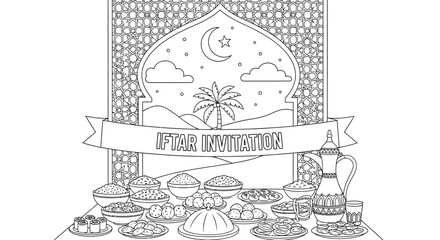 Celebrating Iftar Invitation with Traditional Cuisine and Decorative Elements under the Night Sky