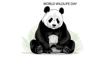A black and white illustration of a panda sitting in a relaxed pose with green leaves behind, celebrating World Wildlife Day with a simple design © Hadi