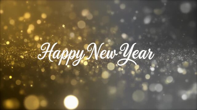 Happy New Year white script text appearing on festive gold and silver glittering bokeh background