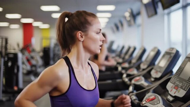 Focused woman running on a treadmill in a gym, her ponytail swinging with each stride