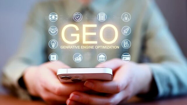 People using smartphone with focus on Generative Engine Optimization and digital icons in a tech environment.