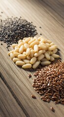 Piles of Sesame Seeds and Grains on Wood.
