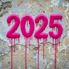Pink 2025 Numbers on Stone Background.