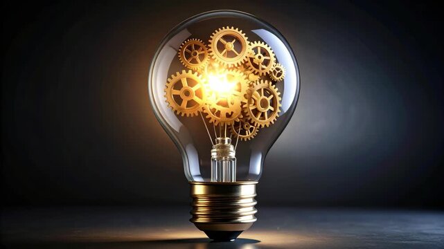 Illuminated lightbulb with golden gears inside symbolizing innovation and mechanical genius