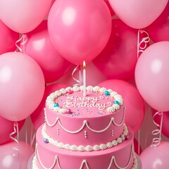 Pink Birthday Cake with Balloons Celebration.