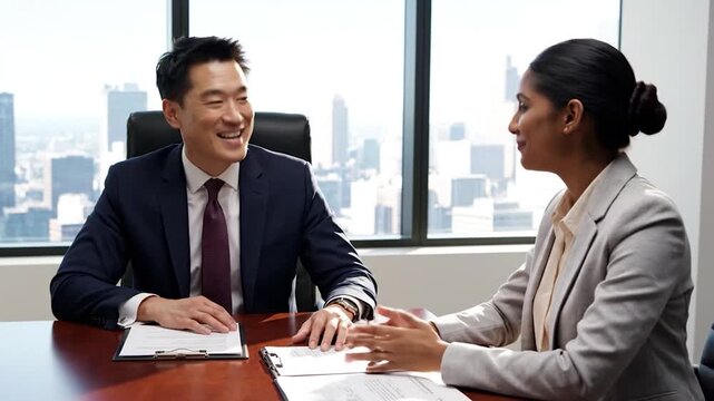 Professional individuals discuss matters at a table, cityscape in background