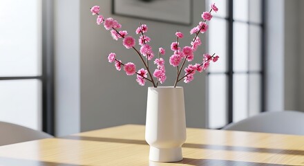 Pink Cherry Blossoms in White Vase on Table.