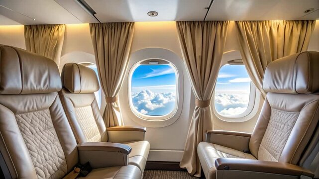 Luxury airplane cabin with comfortable leather seats and view of clouds through windows