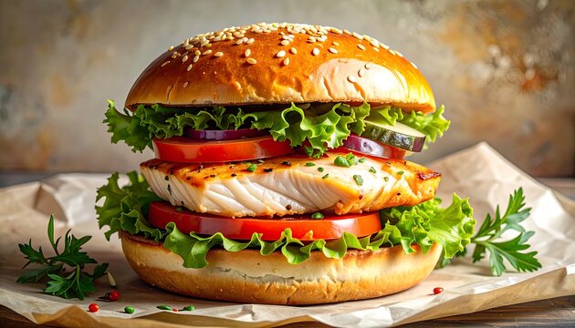 Delicious Fish Burger with Fresh Vegetables on Rustic Background.