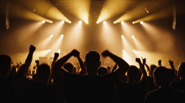 Crowd at a concert with hands raised in a dimly lit venue illuminated by stage lights from behind.