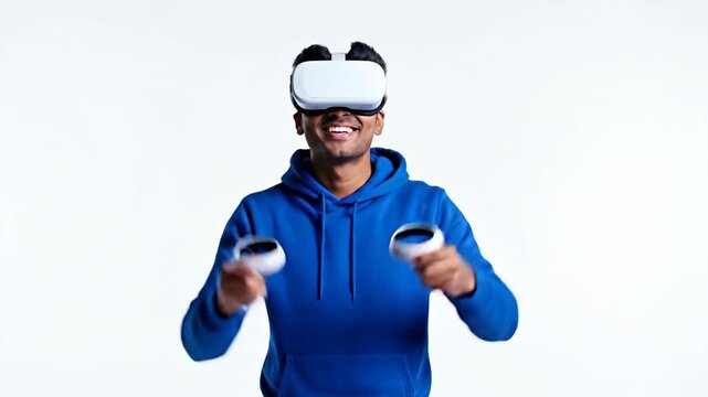 Person wearing VR headset with controllers, mouth open, royal blue hoodie