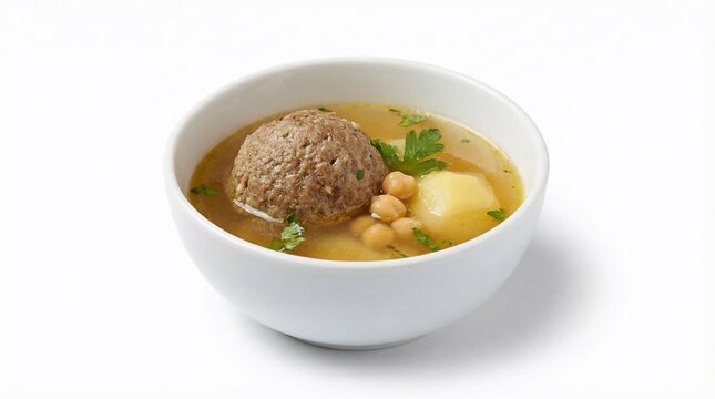 A bowl of traditional kufte bozbash soup with a large meatball, potatoes, and chickpeas in a clear broth.